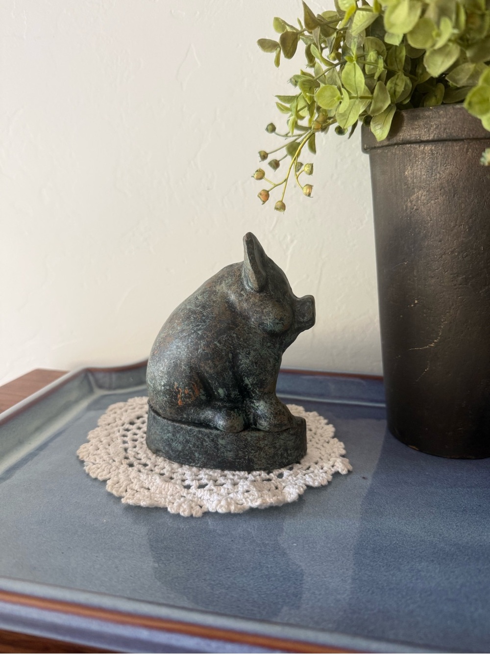 Adorable Blue & Rust Color Patina Pig Doorstop